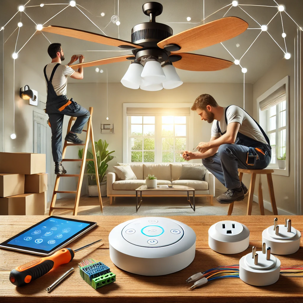 DALL·E 2025-01-16 17.42.53 - A professional home installation service in progress. The scene shows a technician carefully installing a ceiling fan, another working on a smart ligh